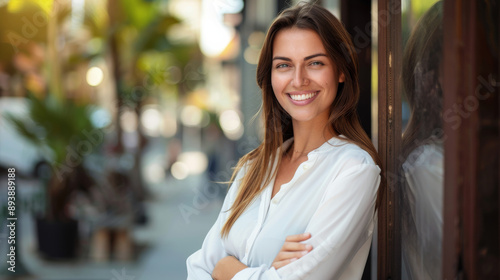 A young woman with a bright smile stands confidently outside on a sunny day, leaning against a wall with arms crossed.