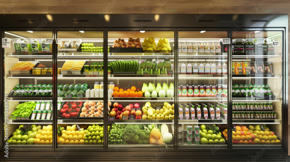 Fototapeta premium Well-stocked supermarket fridge filled with a variety of fresh fruits, vegetables, and beverages, showcasing abundance and health.