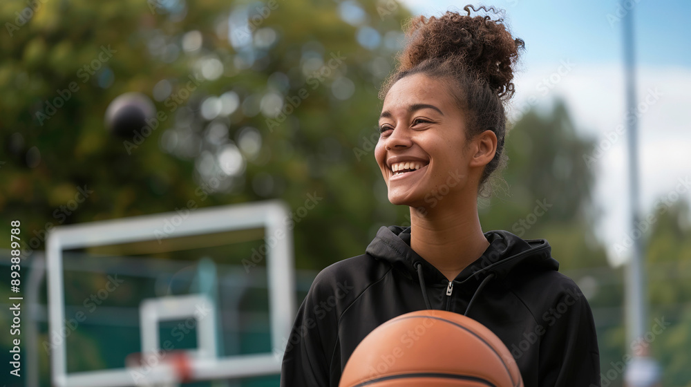 Joyful Female Basketball Player Holding Ball Outdoors on a Bright Day