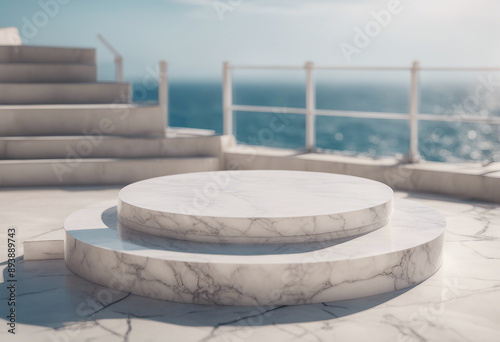 White marble podium with sea view on background High quality photo