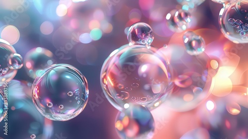 A cluster of iridescent bubbles float in a colorful, abstract background with soft, glowing lights