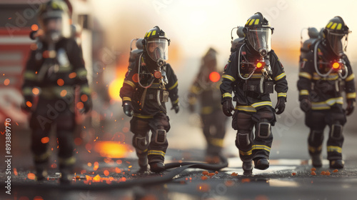 Firefighters march toward an emergency, illuminated by the morning sun. Their yellow suits and gear glint in the glow of nearby flashing lights.