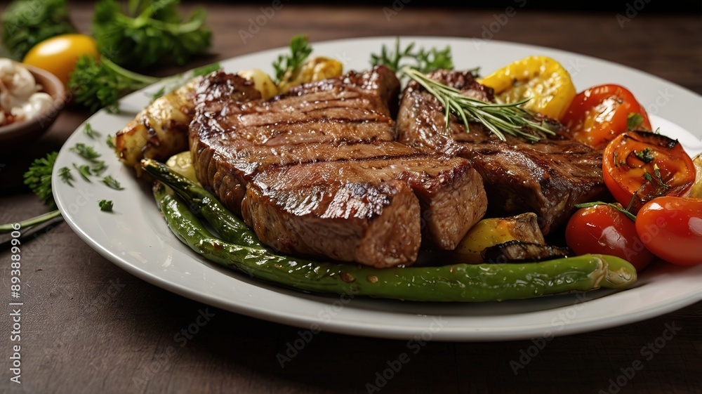 Grill Beef steak with vegetables on wood board Grill Beef steak with vegetables on wood board