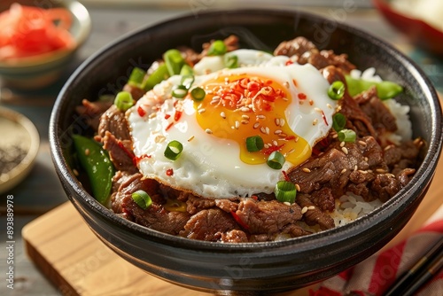 Enjoy a satisfying lunch with our flavorful Beef Donburi topped with a perfectly cooked sunny side up egg - generative ai