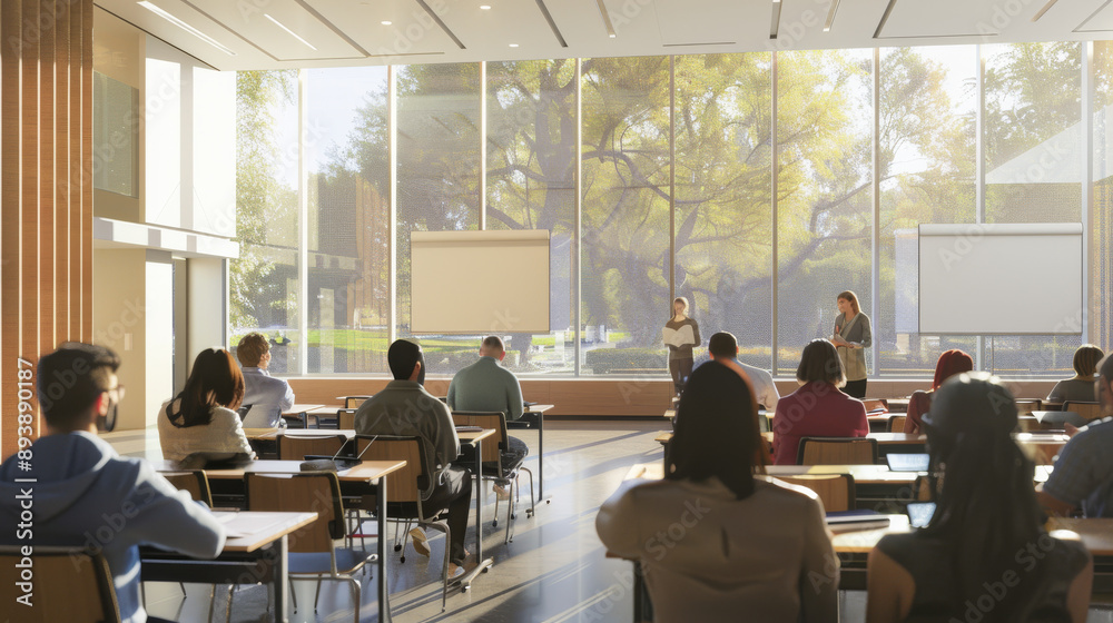 Obraz premium Professionals engage in a conference with large windows flooding the room with natural light, creating an inspiring atmosphere.