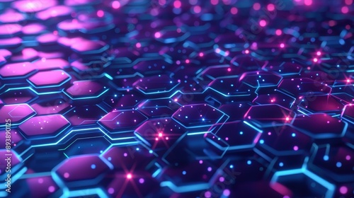 A close-up shot of a digital network, featuring a repeating pattern of glowing blue and purple hexagons