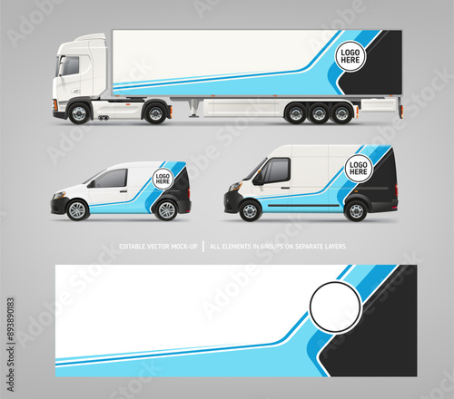 Vector Van, Trailer Truck side view mockup  for branding and corporate identity. Abstract graphics of blue and black stripes for vehicle branding and horizontal AD banner