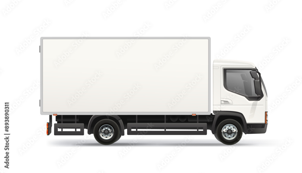 Side view Delivery Truck blank mockup. White Cargo Van with space for text or your branding design - realistic editable vector template isolated on white background. Horizontal blank for AD banner Side view Delivery Truck blank mockup. White Cargo Van with space for text or your branding design - realistic editable vector template isolated on white background. Horizontal blank for AD banner