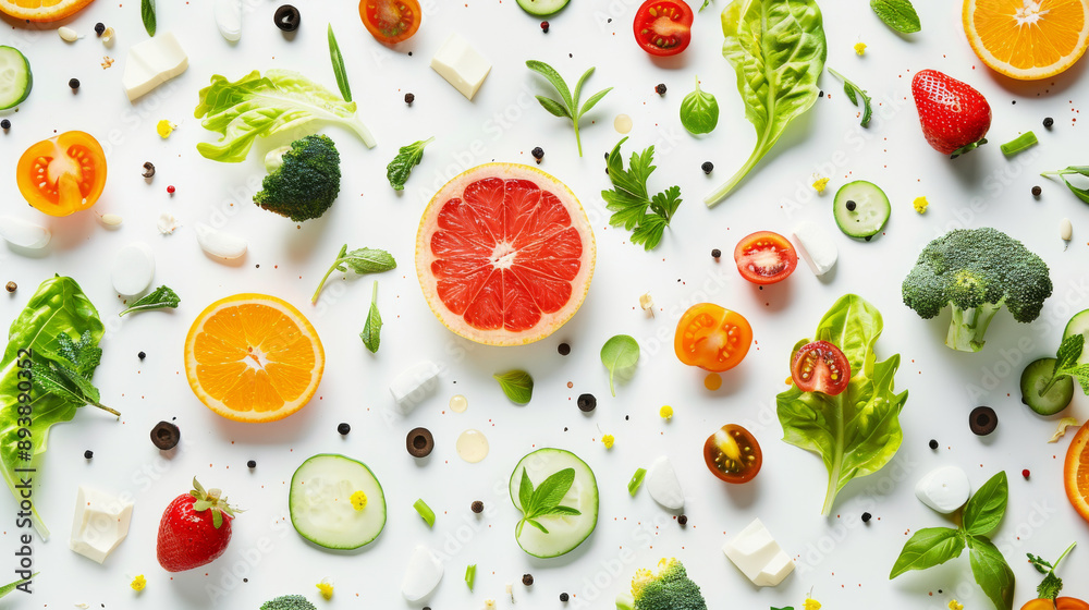 A colorful arrangement of various fruits and vegetables on a white background, creating a vibrant, healthy, and fresh visual composition. A colorful arrangement of various fruits and vegetables on a white background, creating a vibrant, healthy, and fresh visual composition.