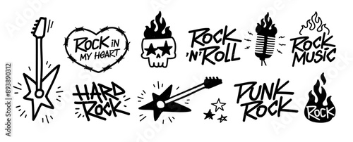 Rock Music Doodle collection with hand drawn typography. Rock n Roll Party elements and signs set of rockers guitar, skull, fire or flame, microphone, etc. Editable vector