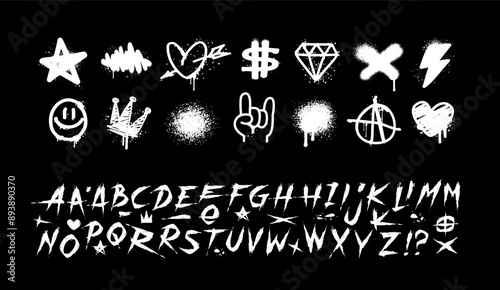 Rock doodle signs of Street Art Graffiti tags: heart, diamond, star, rock, crown - colorful vector on black background. Graffiti and Rock'n'Roll Doodle collection with Font Type in dirty grunge style