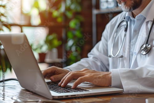 Medical Professional Working on a Laptop in a Modern Office Environment