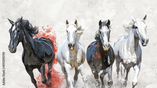 An artistic depiction of four galloping horses, with a striking use of colors and dynamic strokes, capturing the power and freedom of these majestic animals.