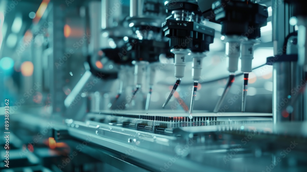 Close-up view of robotic arms with precision tools performing a complex automated manufacturing process, symbolizing advanced technology, innovation, efficiency, automation, and industrial production. Close-up view of robotic arms with precision tools performing a complex automated manufacturing process, symbolizing advanced technology, innovation, efficiency, automation, and industrial production.