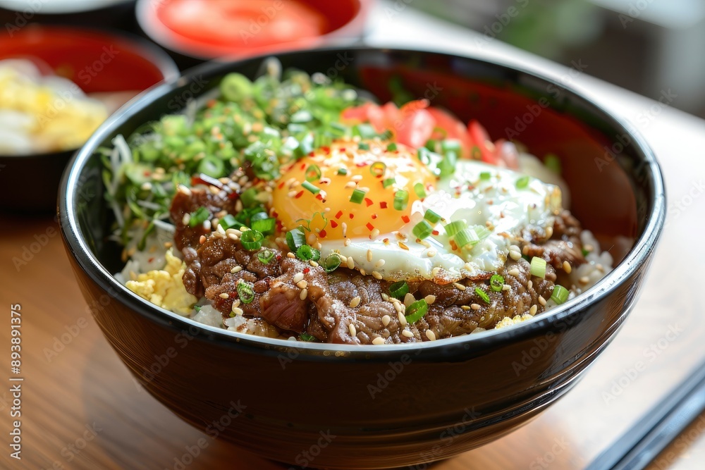 Enjoy a satisfying lunch with our flavorful Beef Donburi topped with a perfectly cooked sunny side up egg - generative ai Enjoy a satisfying lunch with our flavorful Beef Donburi topped with a perfectly cooked sunny side up egg - generative ai