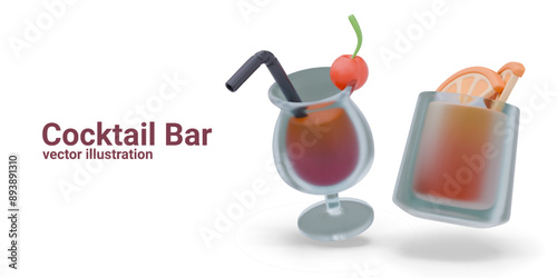 Vector cocktail bar advertising set. Realistic cold drinks served with fruits