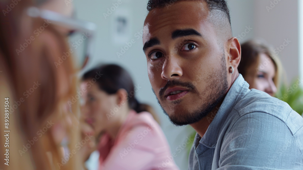 A young man with short hair and a groomed beard turns his head to engage in conversation with a colleague inside a bright, modern office space. A young man with short hair and a groomed beard turns his head to engage in conversation with a colleague inside a bright, modern office space.