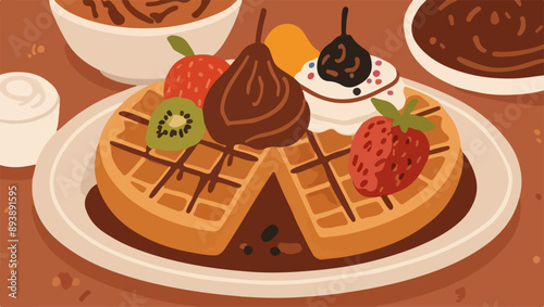 Waffles with Fresh Fruits, Chocolate Sauce, Whipped Cream, and Syrups