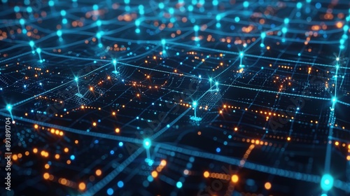 A digital grid with glowing blue lines and orange nodes extends across the dark, futuristic landscape