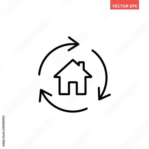 Single black house renovation line icon, simple update home with arrow flat design pictogram vector for app logo ads web webpage button ui ux interface elements isolated on white background