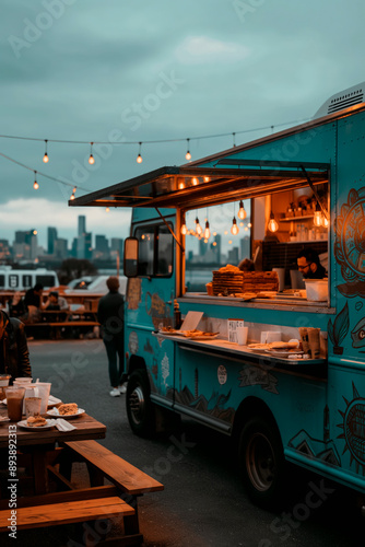 Busy urban food truck festival at dusk