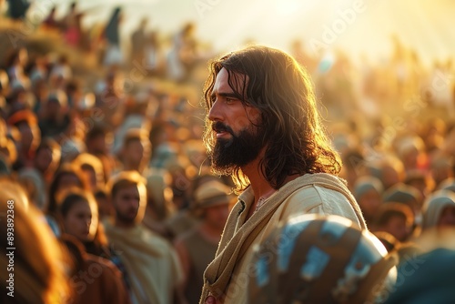 yeshua, Jesus Christ, Sermon on the Mountain Jesus Christ standing to people, Jesus teaching people, teacher giving a speech to a large crowd in a scenic outdoor setting
