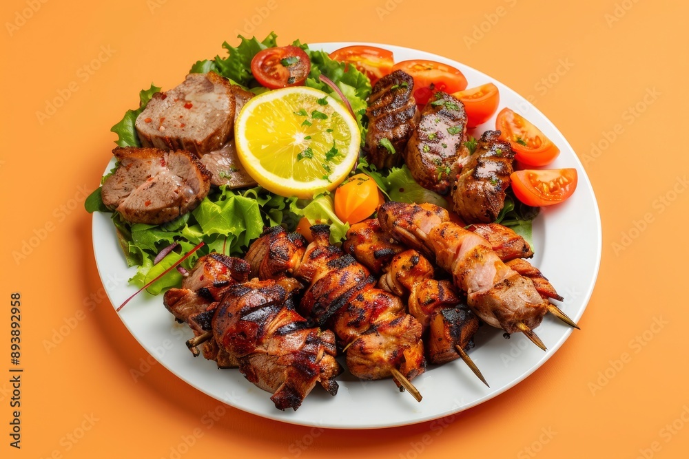 Floating White plate with Mixed meat grilled and salad on orange gradient background - generative ai Floating White plate with Mixed meat grilled and salad on orange gradient background - generative ai