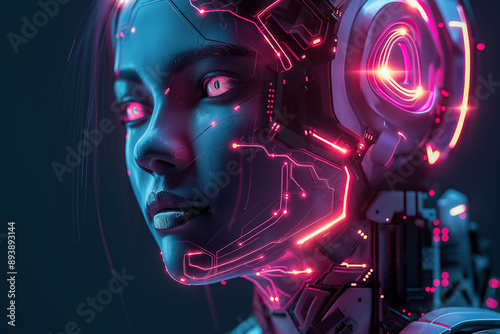 Futuristic Female Cyborg with Neon Pink Circuitry and Advanced Robotics – Perfect for Illustrating AI Cybernetics and High-Tech Science Fiction Concepts