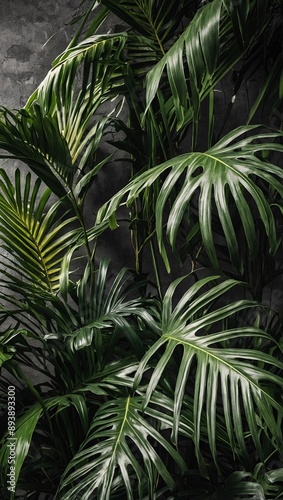 A verdant backdrop Drawing of palm leaves with a wall plaster texture effect - high contrast