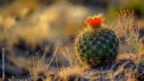 Cactus with blooming flower in desert landscape at golden hour