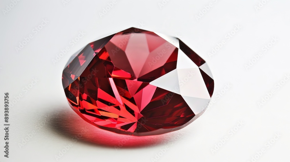 Close-up of a round cut red ruby gemstone isolated on a white background