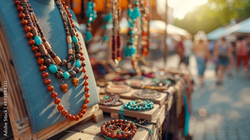 Artisan displaying gemstone necklaces at outdoor market