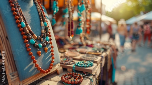Obraz na płótnie Artisan displaying gemstone necklaces at outdoor market w salonie