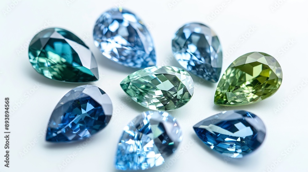 Pear-shaped teal, green, and blue sapphires on a white background Pear-shaped teal, green, and blue sapphires on a white background