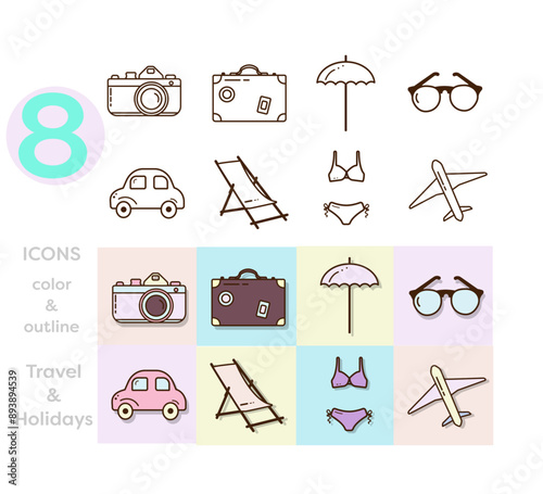Travel icons pastell und outline