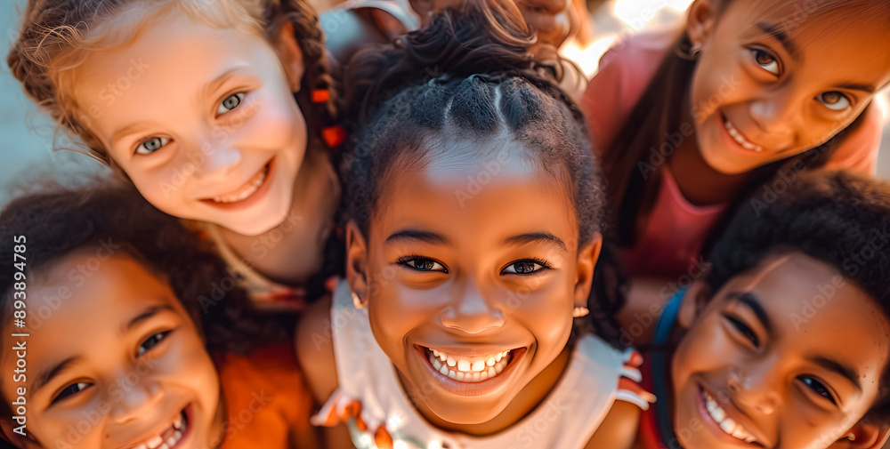Happy portrait of diversity kids. Happiness, diversity and children friends standing, embracing and bonding with smile Happy portrait of diversity kids. Happiness, diversity and children friends standing, embracing and bonding with smile