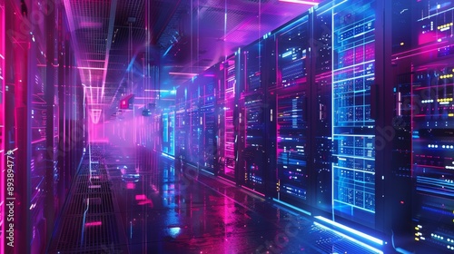 A futuristic server room with neon lights illuminating the rows of servers, symbolizing data storage, processing power, technology, innovation, and the digital age. - A futuristic server room with neo © Tida