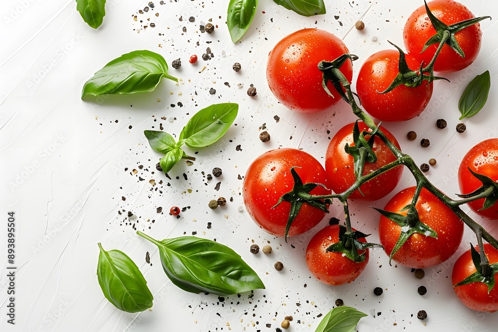 Fresh Tomatoes and Basil with Spices on a White Background Fresh Tomatoes and Basil with Spices on a White Background