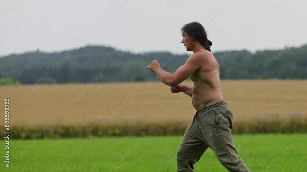 A shirtless man is practicing martial arts in a tranquil grassy field against a rural landscape scenery. Slow motion A shirtless man is practicing martial arts in a tranquil grassy field against a rural landscape scenery. Slow motion