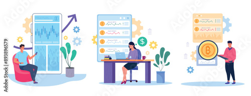 People trade cryptocurrency. Crypto currency exchange or coin investment, virtual money mining financial market online business trading in cyberspace concept vector illustration