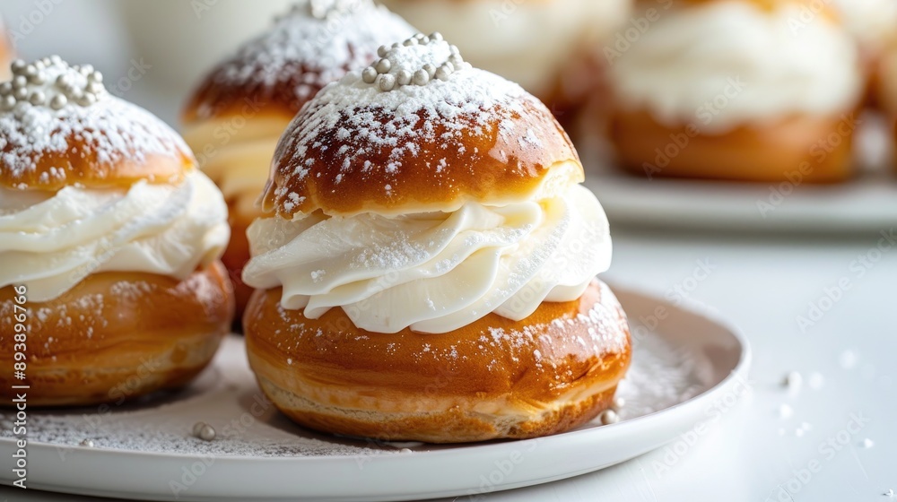 Classic Swedish pastry Semla on white backdrop Classic Swedish pastry Semla on white backdrop