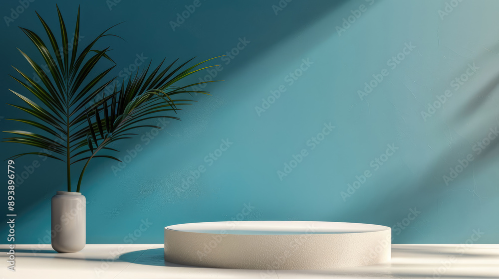 Minimalist interior with palm plant and round platform creates serene Minimalist interior with palm plant and round platform creates serene