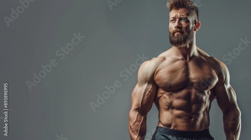A strong, muscular man with a beard stands confidently against a grey background, demonstrating his physique and strength. His toned body, defined abs, and determined expression symbolize fitness, pow © Tida