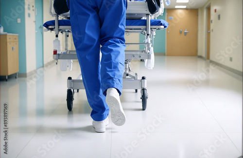 Nurse pushing hospital bed at hospital