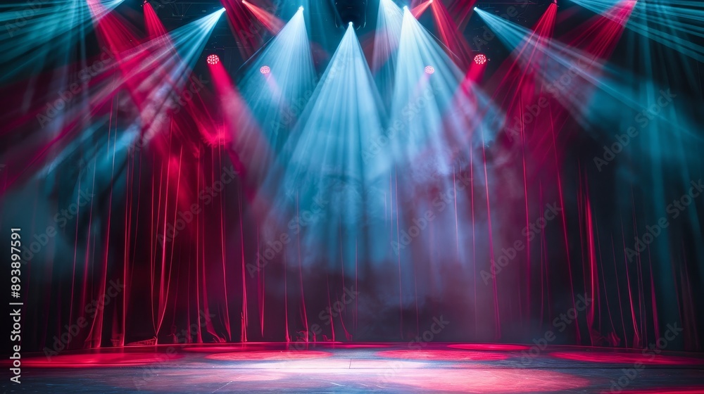 © Tida - A stage with red and blue spotlights illuminating the stage with smoke in the air. The curtains are closed, symbolizing the beginning of a show or event. This image represents excitement, anticipation