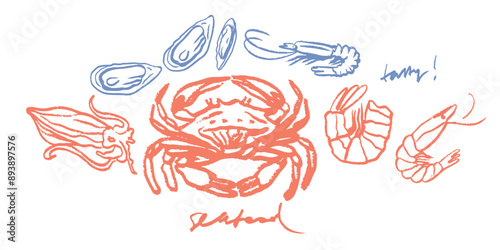 Isolated vector set of seafood. Shrimps, langoustines, prawns, salmon, trout, oysters, mussels, squid, crab, lemon, octopus, rosemary, sea urchin. Сhalk drawing. Chalkboard.