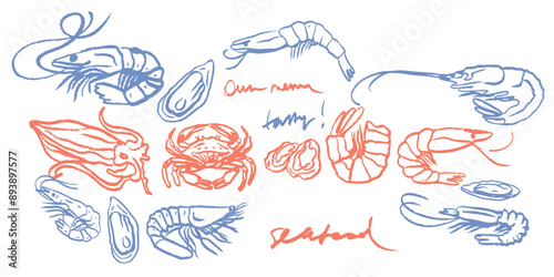 Isolated vector set of seafood. Shrimps, langoustines, prawns, salmon, trout, oysters, mussels, squid, crab, lemon, octopus, rosemary, sea urchin. Сhalk drawing. Chalkboard.