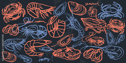 Isolated vector set of seafood. Shrimps, langoustines, prawns, salmon, trout, oysters, mussels, squid, crab, lemon, octopus, rosemary, sea urchin. Сhalk drawing. Chalkboard.