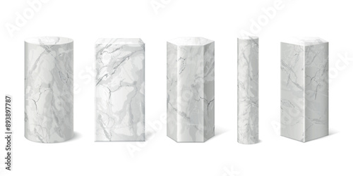 Realistic marble cylinders. Stone pillars concrete pole museum column marbling podium, white circular square cube stand block product display gallery, 3d exact vector illustration