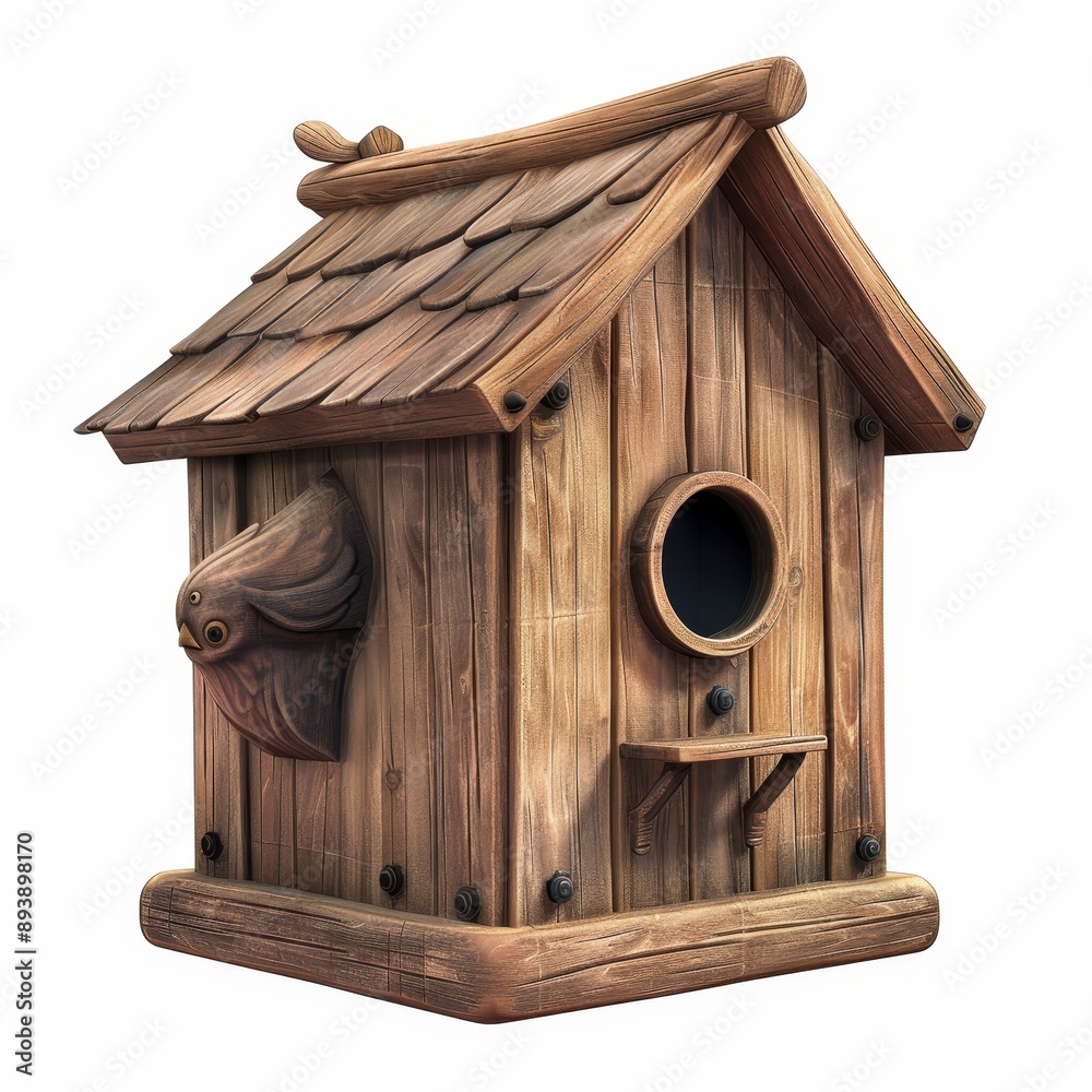 A charming, handcrafted birdhouse made of weathered wood with a whimsical owl carving on the side. It features a shingled roof, a round entrance hole, and a small perch for birds to land on. - A char A charming, handcrafted birdhouse made of weathered wood with a whimsical owl carving on the side. It features a shingled roof, a round entrance hole, and a small perch for birds to land on. - A char